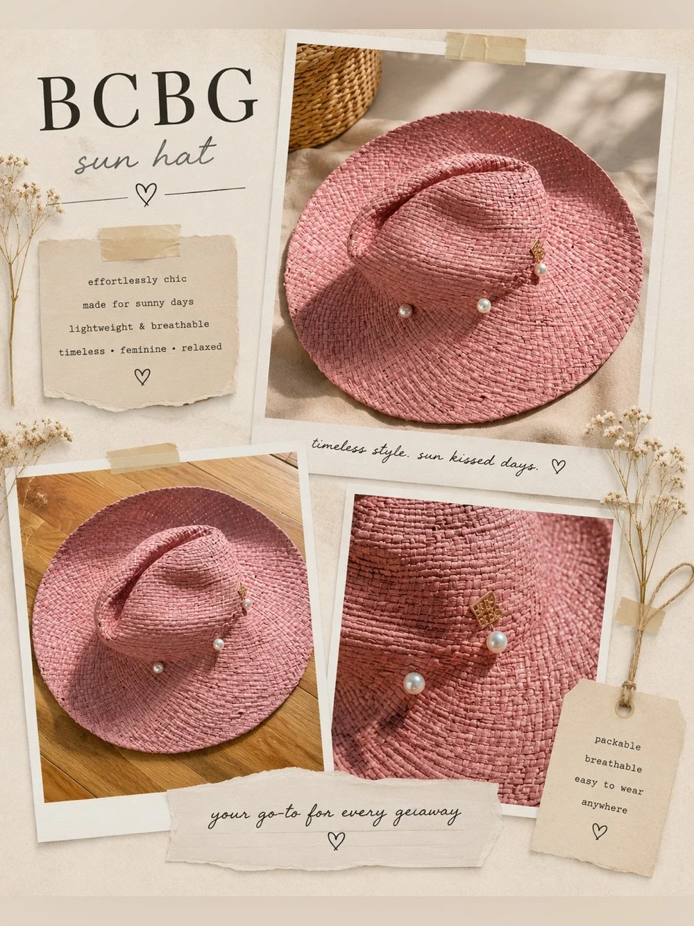 BCBGMaxAzria Pink Woven Straw Sun Hat with Pearl Accents